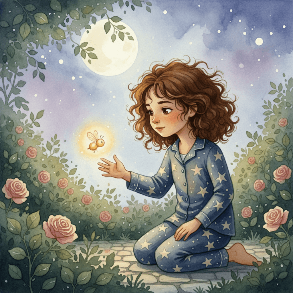 Luna, de pijama de estrelas, ajoelhada no jardim à noite, estende a mão para um vaga-lume que brilha.